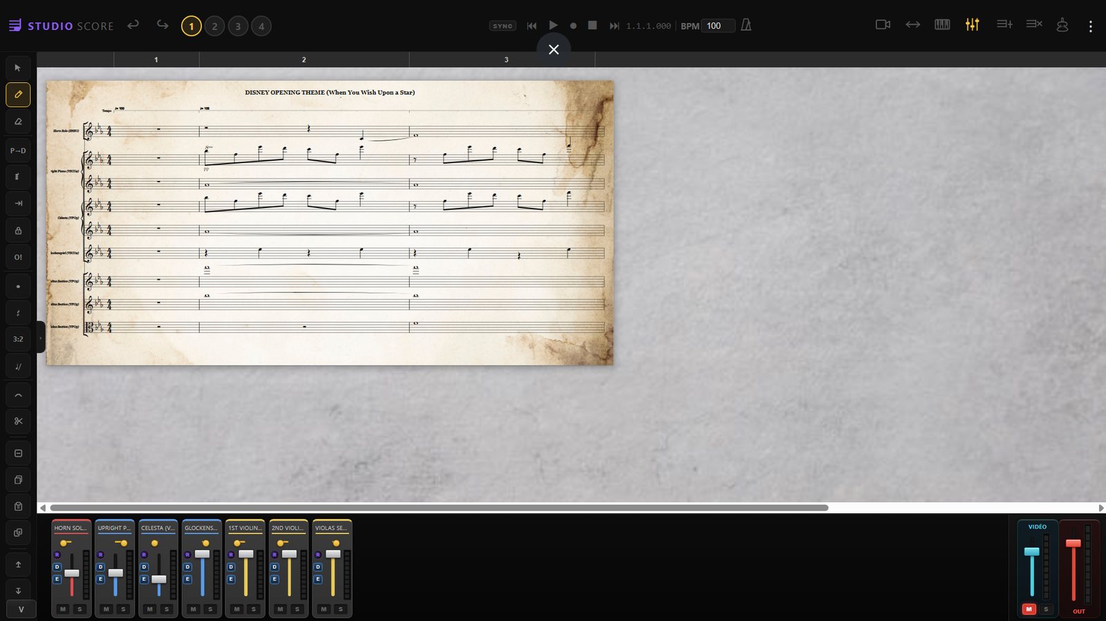 Studio Score — panneau d'écriture : durées, grille rythmique, clef et armure