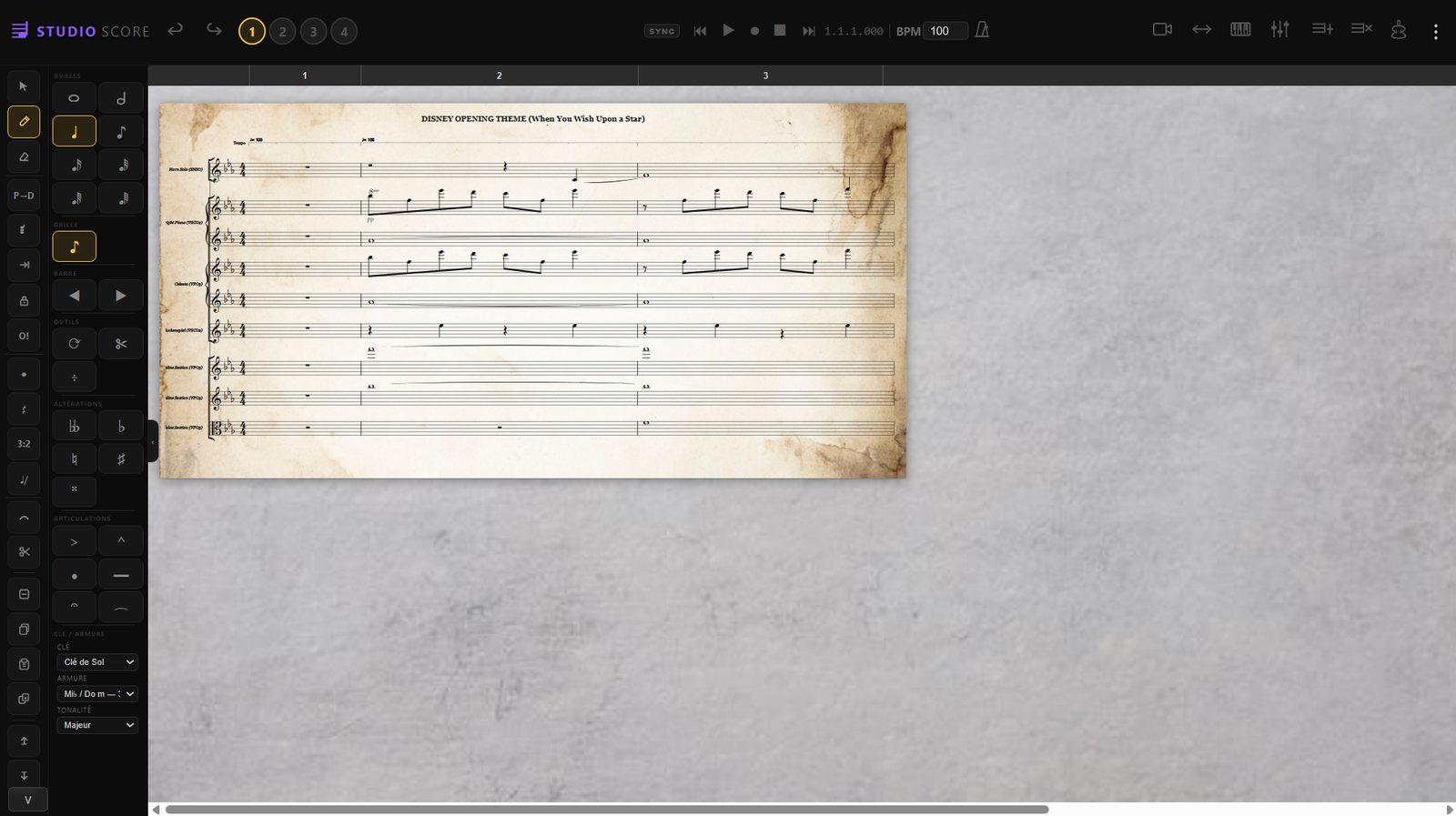 Studio Score — palette d'articulations : trémolo, glissando, pizzicato, coups d'archet