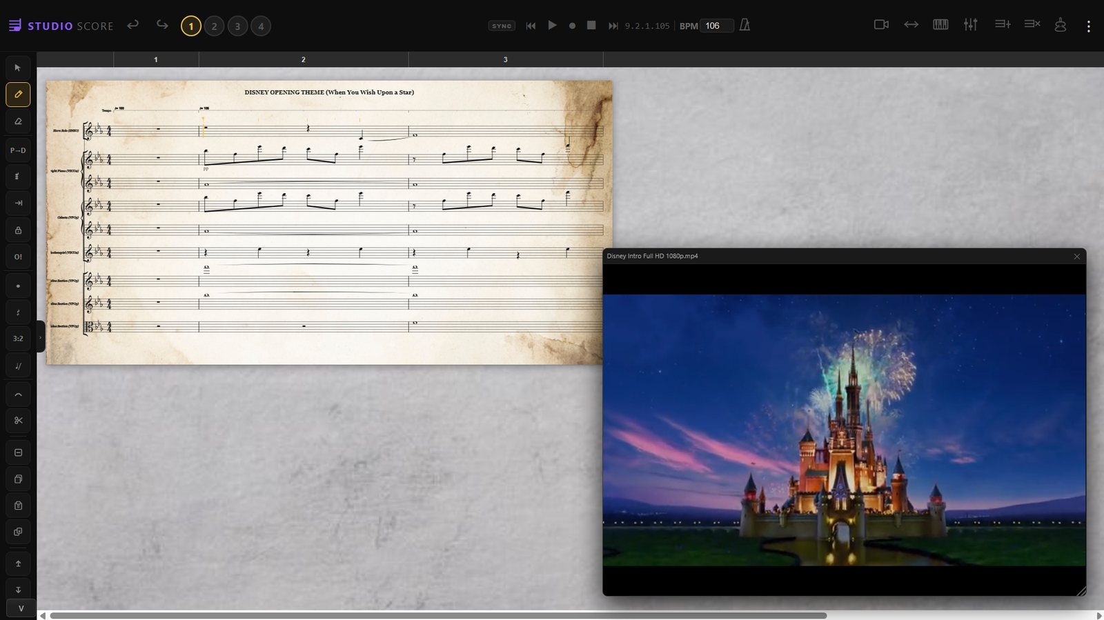 Studio Score — vidéo synchronisée avec le morceau, timecode à l'image près